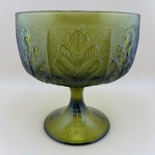 Vintage Emerald Green Pressed Glass Ruffled Compote with Grape & Leaf Pattern on Pedestal Base — listing 5