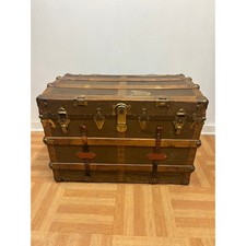 Vintage Black Steamer Trunk with Pink Wood-Grain Lined Interior — listing 6