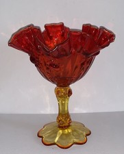 Amberina Thumbprint Ruffled Crimped Compote / Pedestal Candy Dish