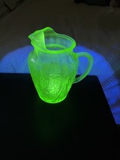 Vintage Uranium Green Depression Glass Pitcher & 4 Tumbler Set with Etched Grape Motif — listing 2