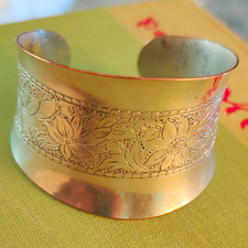Vintage Engraved Metal Wide Cuff Bracelet with Geometric Panel Motifs — listing 6