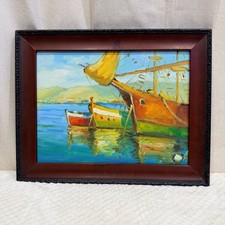 Original Oil Painting Harbor Scene with Sailboats at Sunset, Signed — listing 2