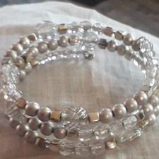 Silver-Tone Beaded Mesh Wire Wrap Bracelet with Oval Puffed Beads