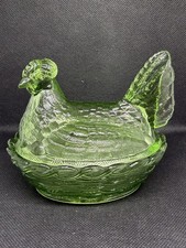 Vintage Green Pressed Glass Footed Covered Candy Dish with Grape & Leaf Pattern and Fruit Finial