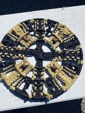 Large Vintage 1970s Macrame Mandala Wall Hanging, Rust Orange with Wooden Beads, 33" Diameter — listing 4