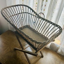 Antique Green-Painted Wicker Doll Barrel Chair with Upholstered Seat — listing 2