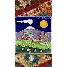 Sicilian Hand-Painted Ceramic Wall Tile with Mount Etna and Traditional Cart (Carretto)
