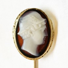 Antique Gilt Metal Shell Cameo Mourning Brooch with Photo Frame Back, 40mm x 35mm — listing 6