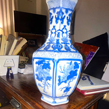 Chinese Blue and White Porcelain Square Tapered Vase with Bird, Prunus, Lotus & Landscape Panels — listing 4