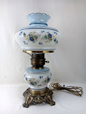 Vintage Hurricane Table Lamp with Ruffled Amber Glass Shade and Floral Milk Glass Font — listing 3