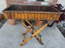 Black Lacquered Chinoiserie Butler's Tray Table with Hand-Painted Floral Design on Faux-Bamboo Folding Stand — listing 6