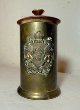 Antique Brass Hinged Table Box with Repoussé Copper Armorial/Coat-of-Arms Medallion Lid — listing 2
