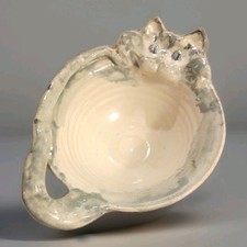 Whimsical Studio Art Pottery Figural Cat Lidded Jar with Bird Finial — listing 2