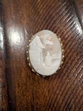 Antique Carved Shell Cameo Brooch of Classical Woman in Filigree Frame
