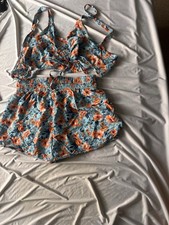 Vintage Hawaiian Print 2-Piece Set — Navy & Tan Floral Open Blouse and Elastic-Waist Pants