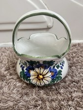 Vintage Green & Brown Drip Glaze Ceramic Basket Planter with Pine Needle Motif