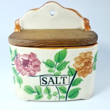 Vintage Japanese Ceramic Hanging Salt Box with Wooden Hinged Lid and Hand-Painted Floral Design — listing 2