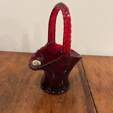 Vintage Ruby Red Glass Pinch-Sided Basket with Applied Clear Twist Handle — listing 2