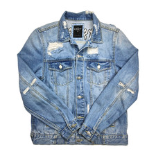 KSCY Melbourne Stonewashed Distressed Denim Trucker Jacket with Panther Embroidery, Size XL