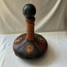 Vintage Italian Hand-Tooled Leather-Wrapped Glass Decanter with Fleur-de-Lis Studded Appliqué — listing 3