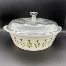 Vintage Milk Glass Casserole Dish with Green Floral Pattern and Clear Lid — listing 2
