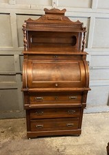 Antique Edwardian Inlaid Mahogany Cylinder Roll-Top Writing Desk with Glazed Bookcase Top — listing 5