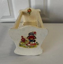Vintage Wooden Doll Cradle with Gingham Canopy and Baby Doll