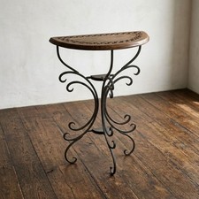 Teal Wrought Iron Demilune Console Table with Glass Top and Floral Rosette Medallion — listing 2