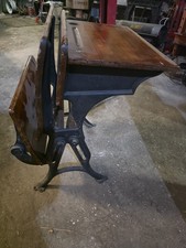 Vintage 'Silent Giant' Cast Iron & Wood School Desk with Attached Seat, Repainted Yellow with Folk Art Stenciling — listing 2