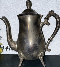 Vintage Silver Plate Footed Coffee Pot with Ornate Scroll Handle — listing 5