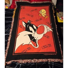 Vintage 1990s Looney Tunes Woven Tapestry Throw Blanket with Fringe — listing 2