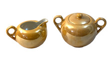 Vintage Pearl Lusterware Creamer and Open Sugar Bowl Set with Gold Trim, Maker Unknown — listing 6