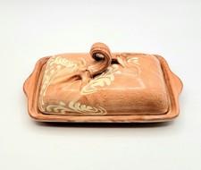 Vintage Terracotta Redware Covered Butter Dish with Embossed Floral Swag Motif — listing 3
