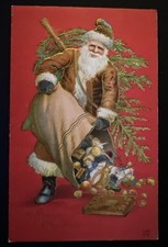 Antique 1909-1910 Embossed Christmas Postcard - Old World Santa Claus in Red Robe with Drum and Holly, Gold Background, Postally Used