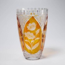 Bohemian Amber Cut-to-Clear Crystal Footed Vase with Cut & Frosted Daisy Motif — listing 4