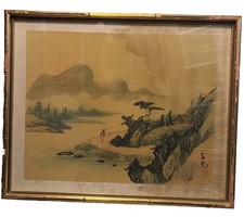 Vintage Chinese Silk Painting of Magpies and Plum Blossoms, Framed with Brocade Border — listing 5