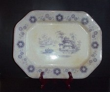 Antique Oval Ironstone Serving Platter with Blue & Gilt Chinoiserie Dragon Border