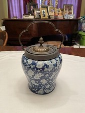 White Ironstone Biscuit Jar / Covered Pot with Embossed Castle & Grapevine Relief and Figural Finial — listing 6