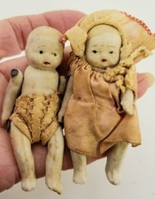 Bisque Porcelain Boy and Girl Figurine with Lollipop on Grassy Base with Mushrooms