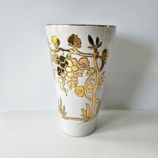 Vintage Clear Glass Trumpet Vase with Gold Gilt Grape Leaf Design and Banding — listing 3