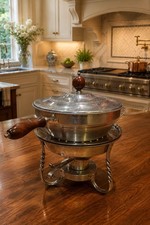Vintage Mid-Century Chafing Dish with Stainless Pot, Brass Stand & Wood Handle