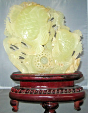 Chinese Carved Yellow Jade / Serpentine Koi Fish Figurine on Wood Stand — listing 2