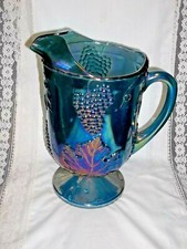 Indiana Glass Blue Iridescent Carnival Glass Pitcher Harvest Grape Pattern — listing 2