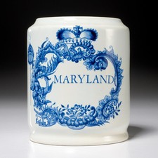 Antique Blue & White Transferware Biscuit Barrel with Wicker Handle and Lid — listing 6