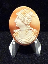 Antique Carved Shell Cameo Brooch, Left-Facing Woman in Profile, Ornate Silver-Tone Filigree Frame, listing 3