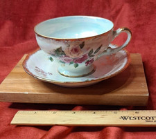 Antique Pink Copper Lustreware Tea Cup and Saucer with Hand-Painted Floral Motif — listing 5