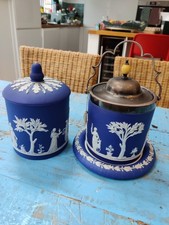 Wedgwood Sage Green Jasperware Biscuit Barrel with Silver-Plate Mounts, Neoclassical Sacrifice Figures — listing 2