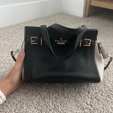 Kate Spade New York Colorblock Pebbled Leather Triple Compartment Satchel with Crossbody Strap, White/Beige/Black