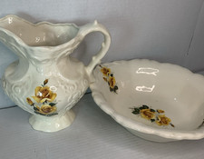 Vintage Ceramic Wash Pitcher and Basin Set with Stag/Deer Transfer and Embossed Rust Trim — listing 5