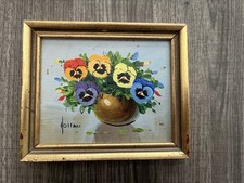 Vintage Oil Painting Still Life of Pansies in Ceramic Vase, Gilt Wood Frame — listing 5